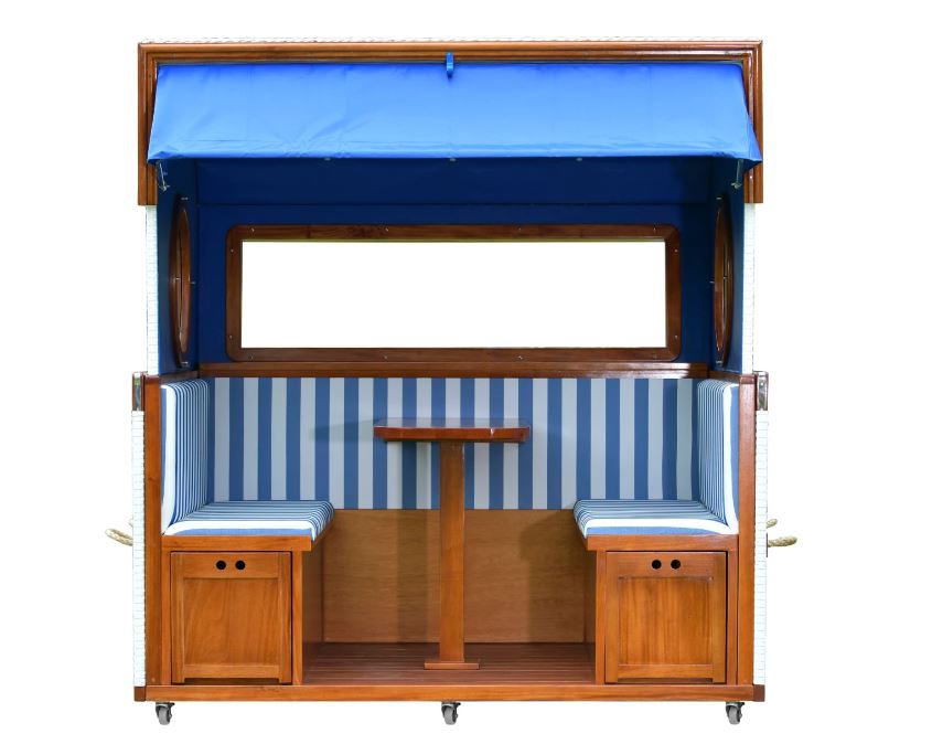 Gosch-Lounge Strandkorb 6-Sitzer Mahagoni - PE weiß - Modell blau/weiß