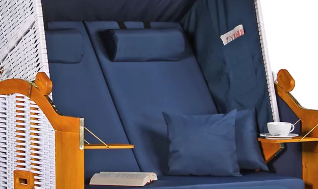 Strandkorb Ostsee Wacholder PE Weiß Dessin Uni Blau inkl. Feuerschale IDAHO