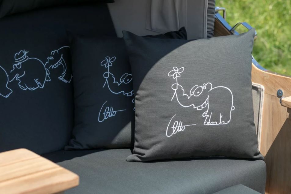 Komplettset Strandkorb Düne Bullauge Teak PE Grey Dessin Ottifant inkl. Feuerschale IDAHO