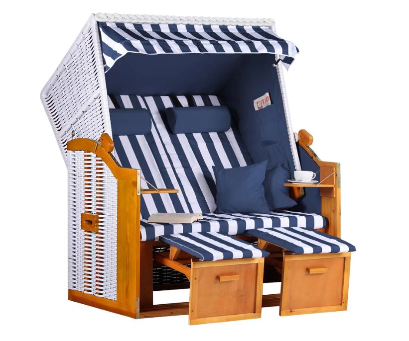 Strandkorb Ostsee Wacholder PE Weiß Dessin Blau Weiss inkl. Feuerschale IDAHO