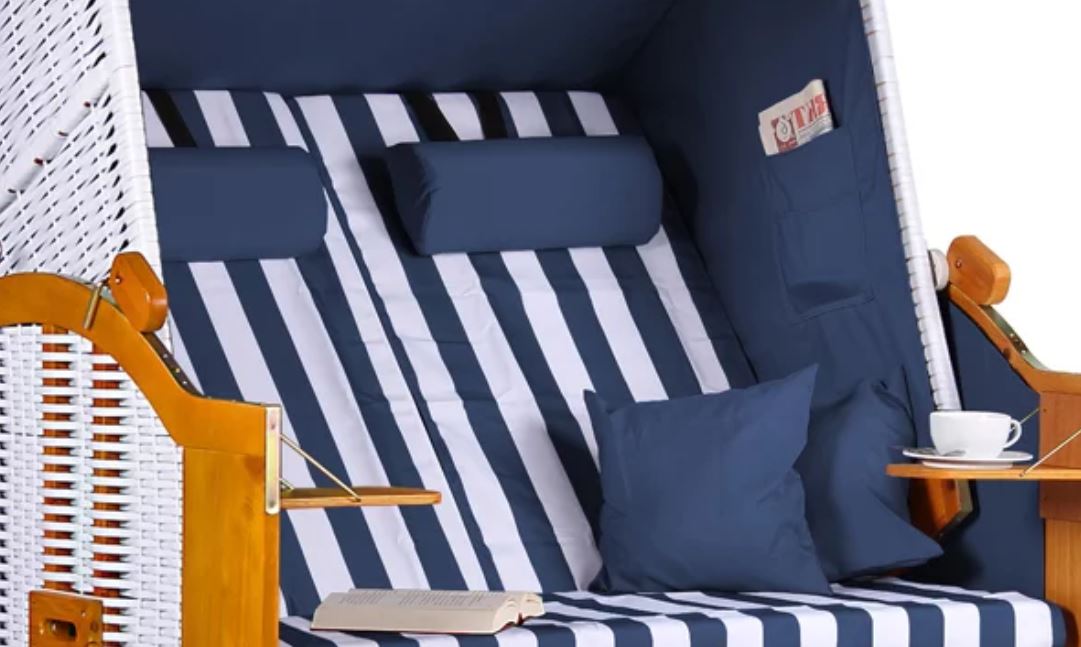 Strandkorb Ostsee Wacholder PE Weiß Dessin Blau Weiss inkl. Feuerschale IDAHO