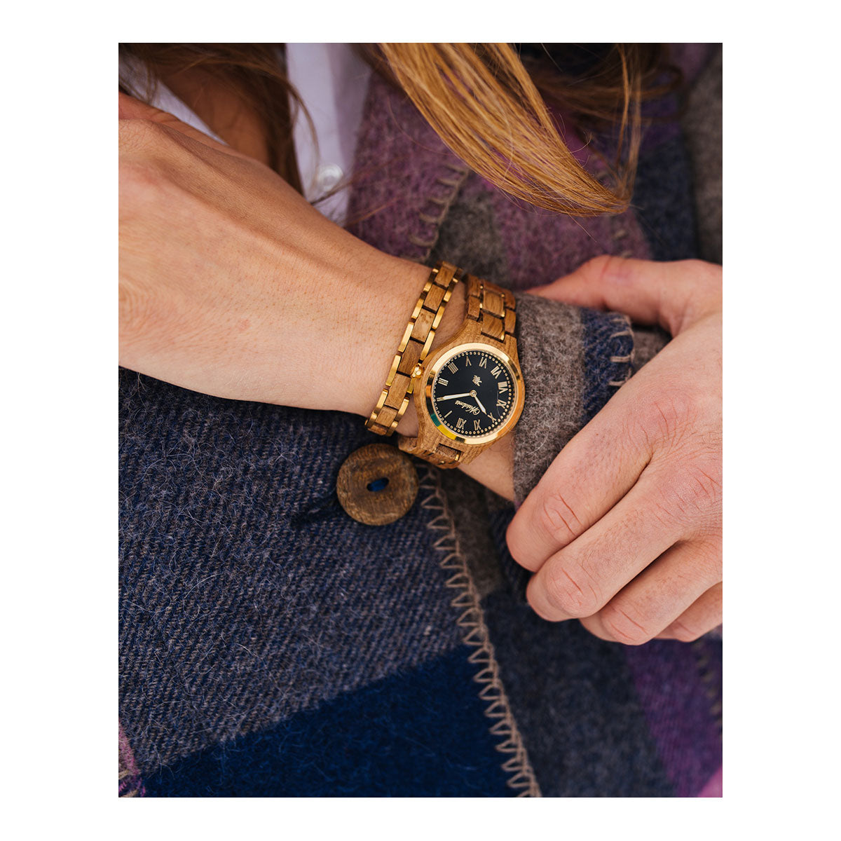 Set: Damenuhr Weinprinzessin Noir + Elementarmband Damen Barrique Gold