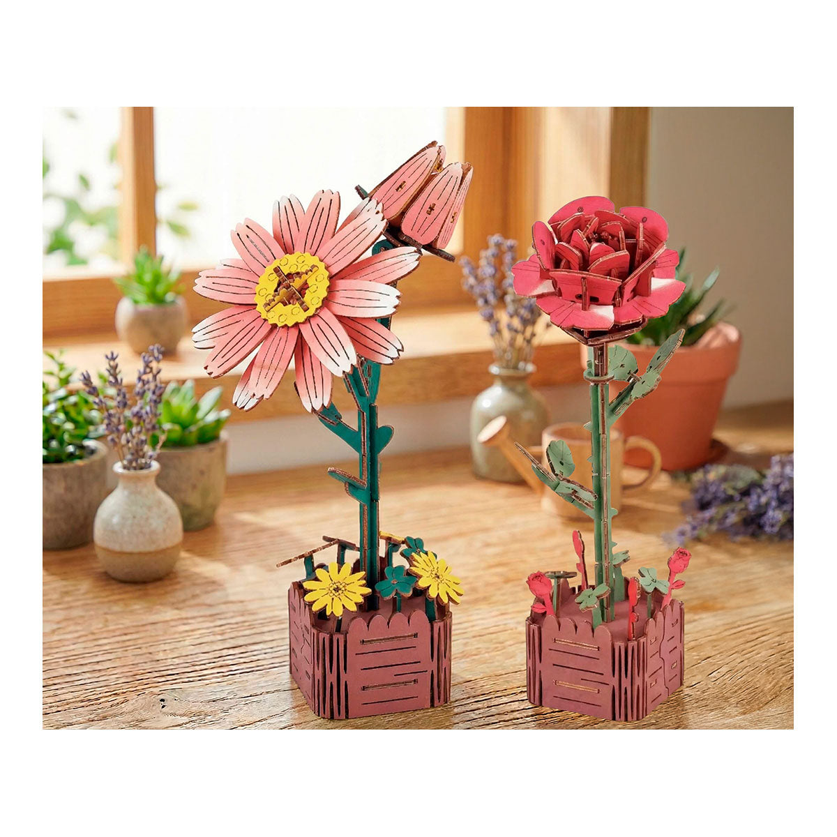 3D-Holzpuzzle 2er Set Blume: Rose + Gänseblümchen