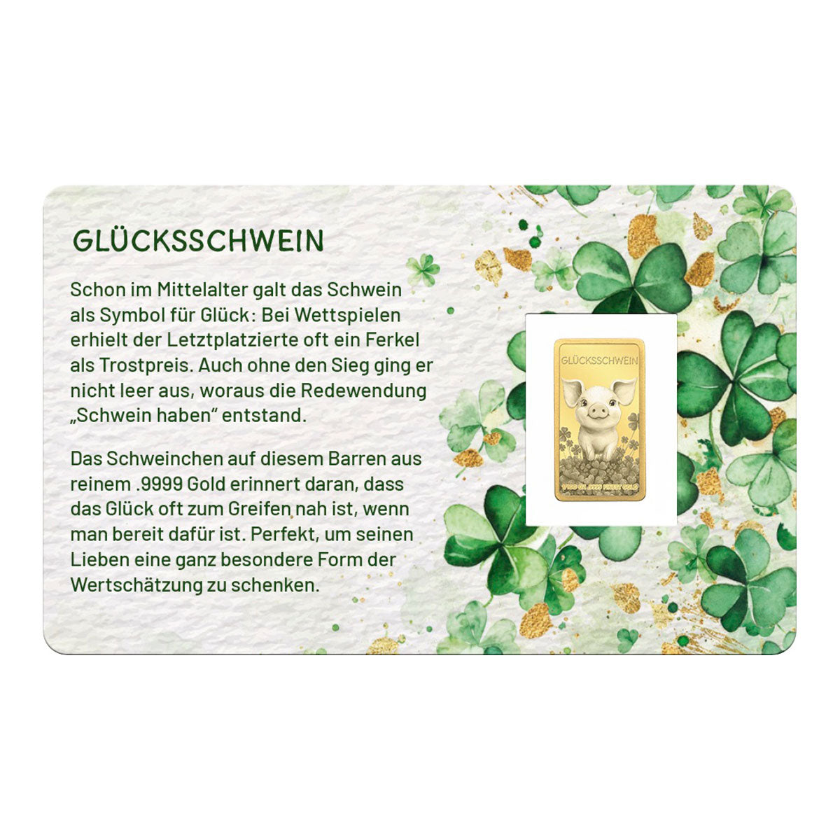Goldbarren „Glücksschwein“ in Geschenkkarte mit Schleife