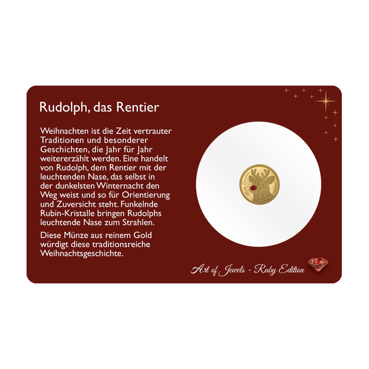 Weihnachtsgoldmünze Rudolph mit Rubinstaub