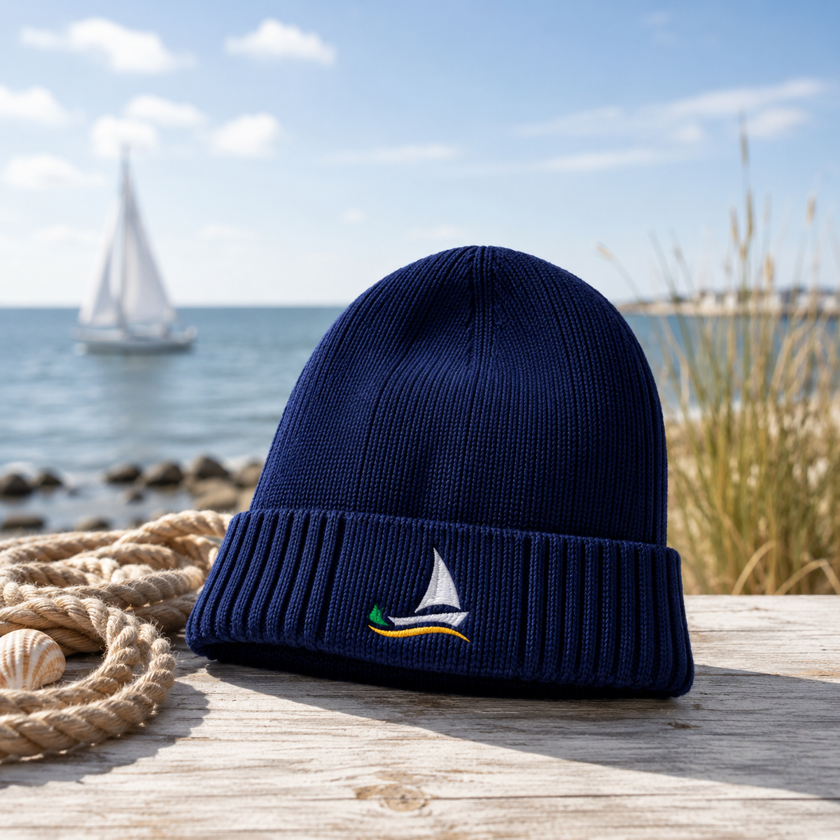 Strickmütze mit Segelboot-Stick