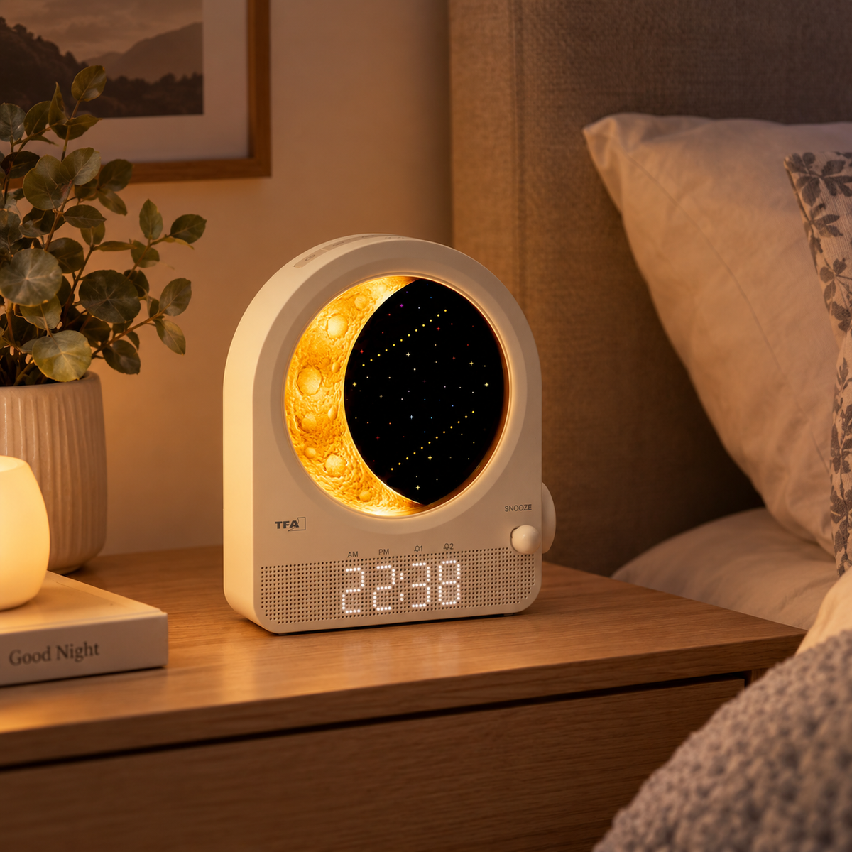 Digitaler Lichtwecker mit Mondlampe und Naturgeräuschen