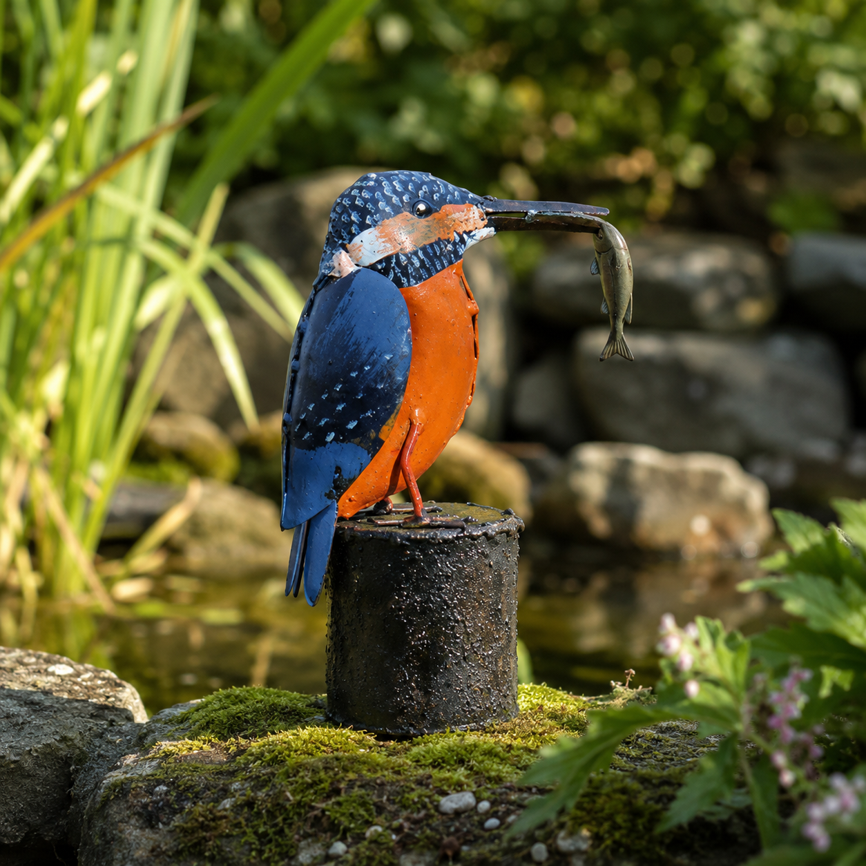 Gartenfigur "Eisvogel mit Fisch"