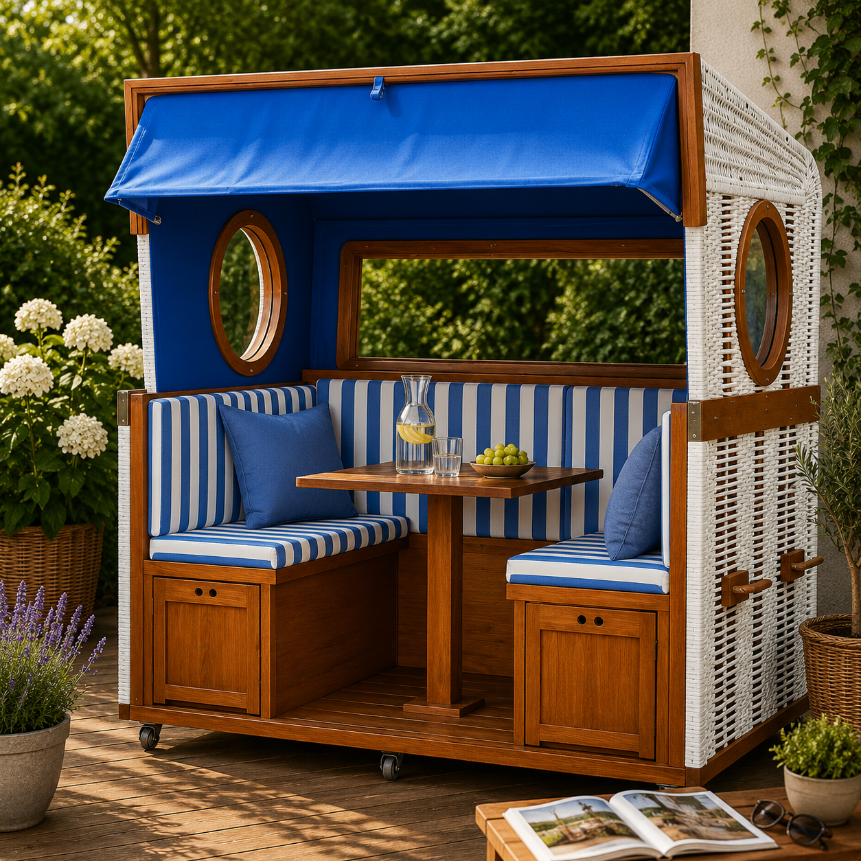 Gosch-Lounge Strandkorb 6-Sitzer Mahagoni - PE weiß - Modell blau/weiß