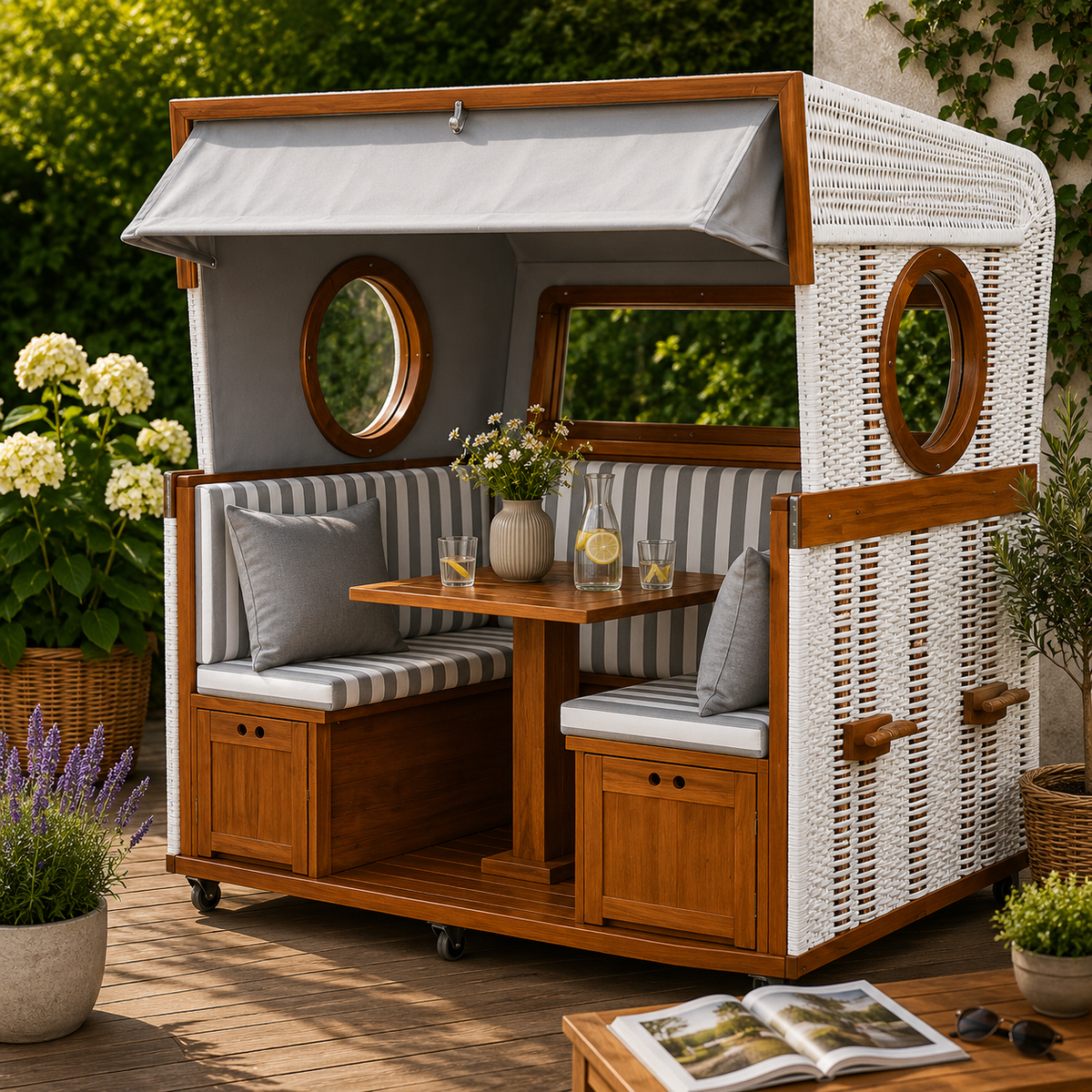Gosch-Lounge Strandkorb 6-Sitzer Mahagoni - PE weiß - Modell grau/weiß