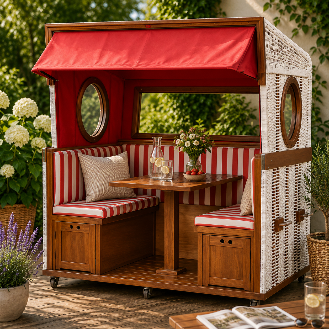 Gosch-Lounge Strandkorb 6-Sitzer Mahagoni - PE weiß - Modell rot/weiß
