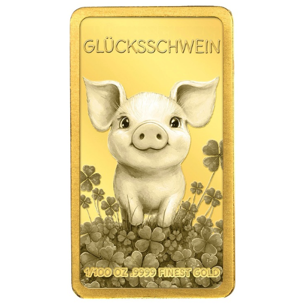 Goldbarren „Glücksschwein“ in Geschenkkarte mit Schleife