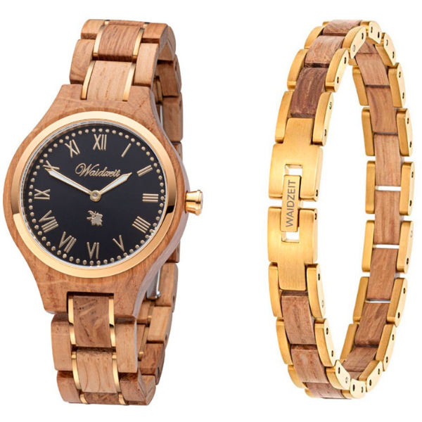 Set: Damenuhr Weinprinzessin Noir + Elementarmband Damen Barrique Gold
