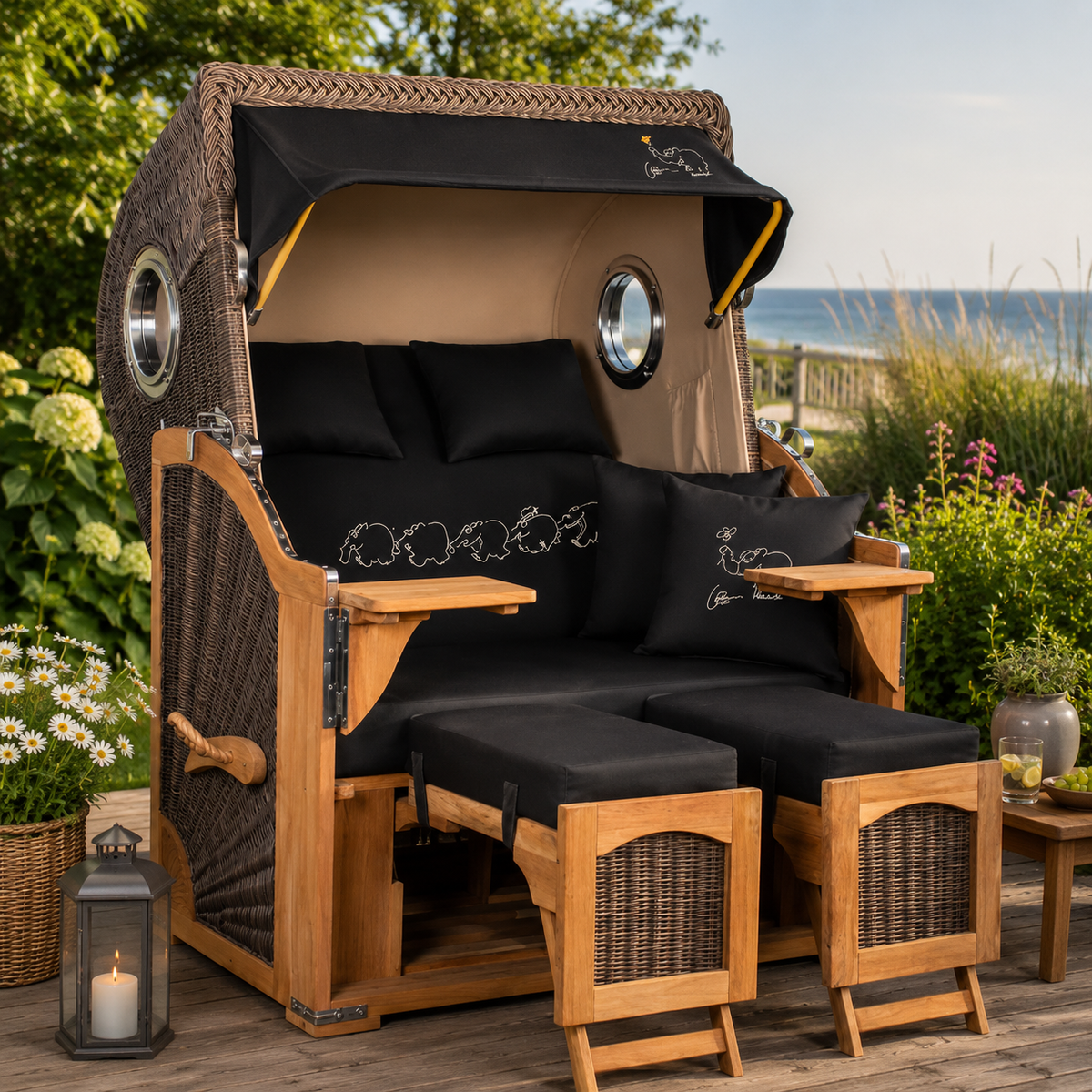 Komplettset Strandkorb Düne Bullauge Teak PE Grey Dessin Ottifant inkl. Sekt-/Champagnerkühler