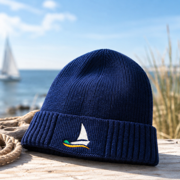 Strickmütze mit Segelboot-Stick