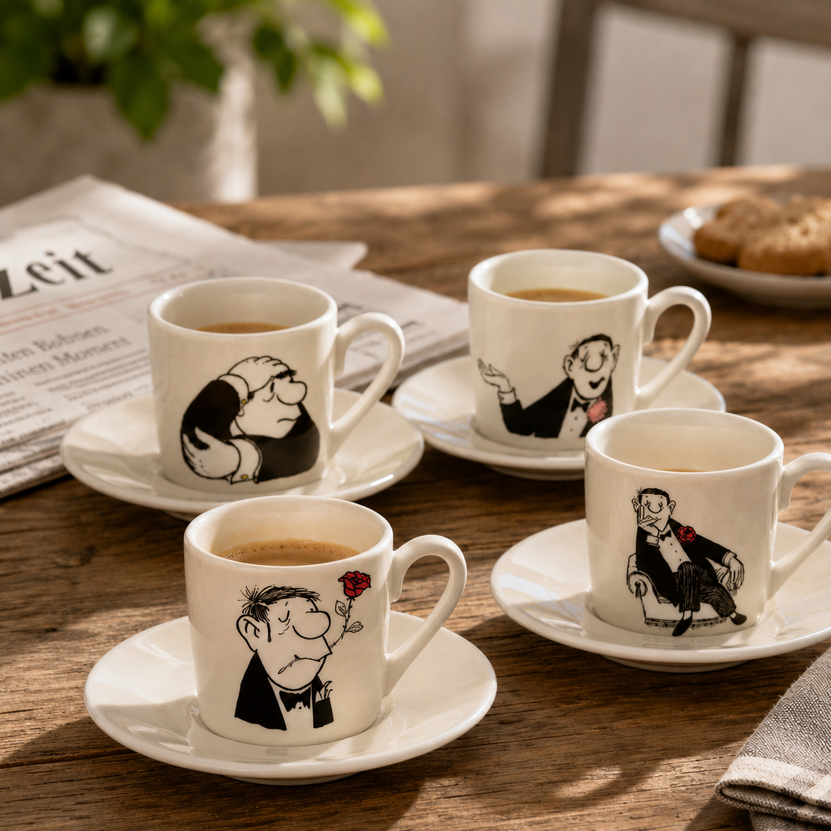 Loriot: 4 Espressotassen mit Künstlermotiven im Set - Porzellan