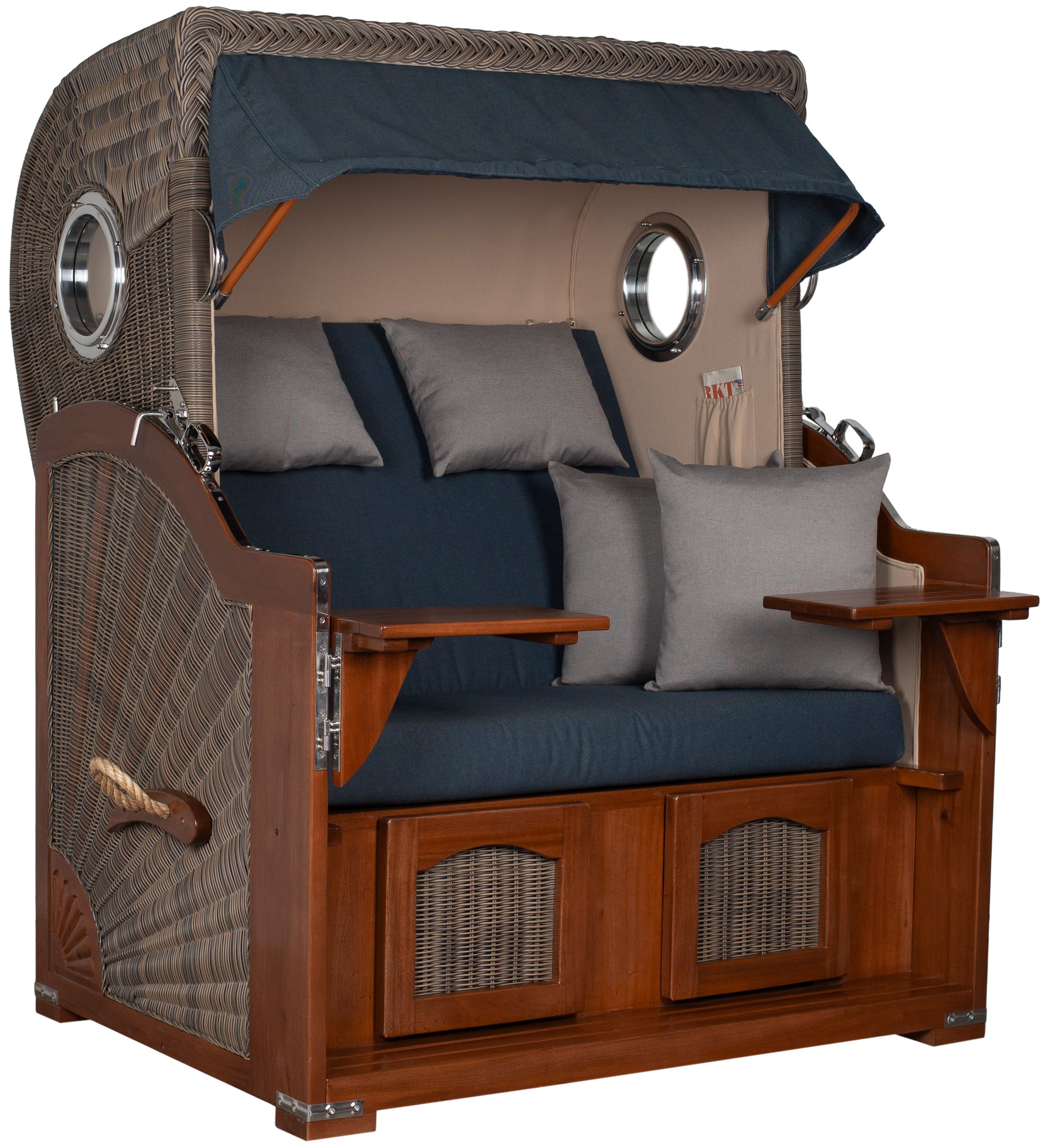 Strandkorb Düne Bullauge Mahagoni PE Grey Dessin 593 inkl. Sekt-/Champagnerkühler