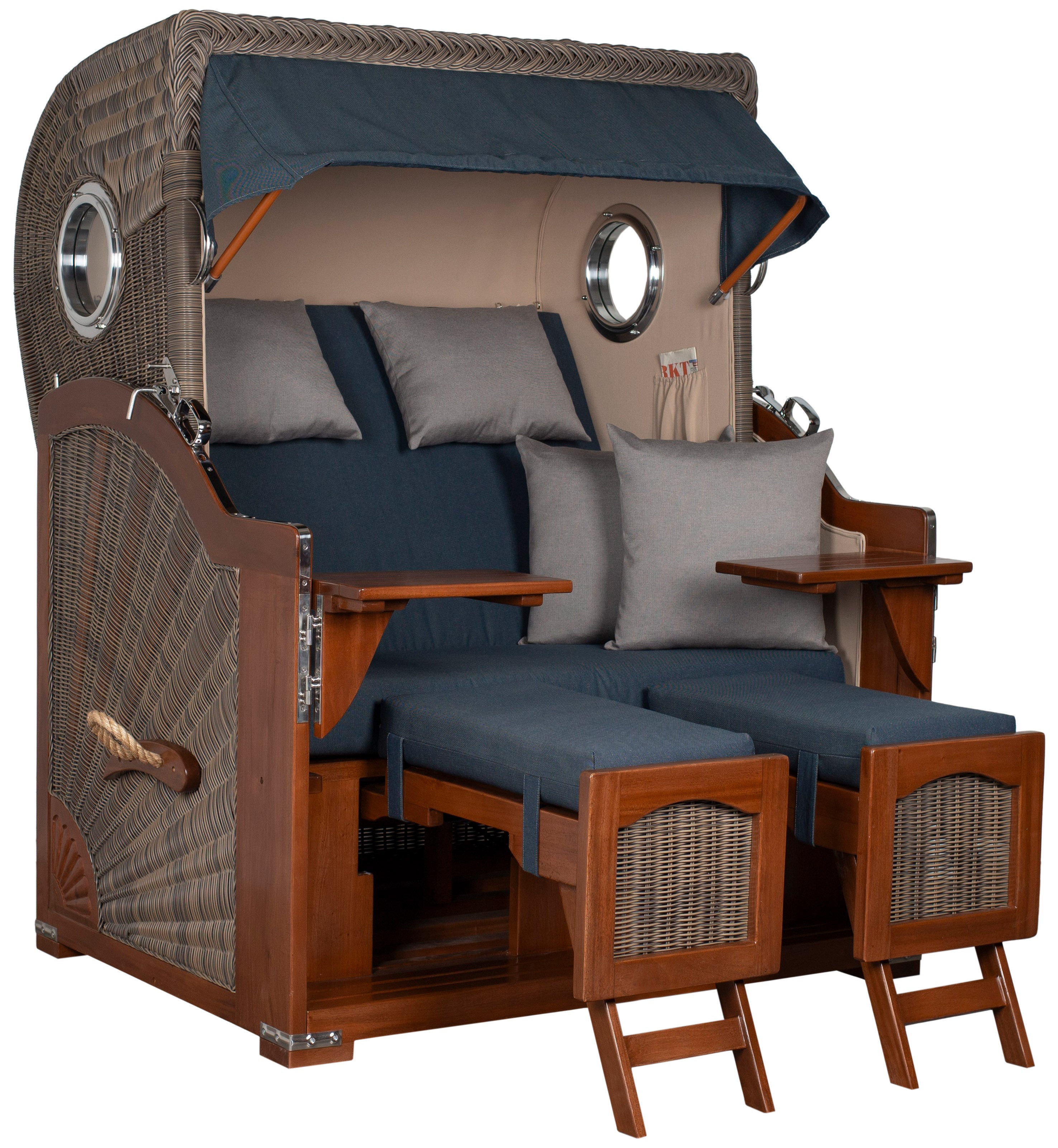 Strandkorb Düne Bullauge Mahagoni PE Grey Dessin 593 inkl. Sekt-/Champagnerkühler