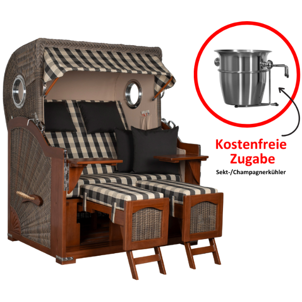 Strandkorb Düne Bullauge Mahagoni PE Grey Dessin 505 inkl. Sekt-/Champagnerkühler