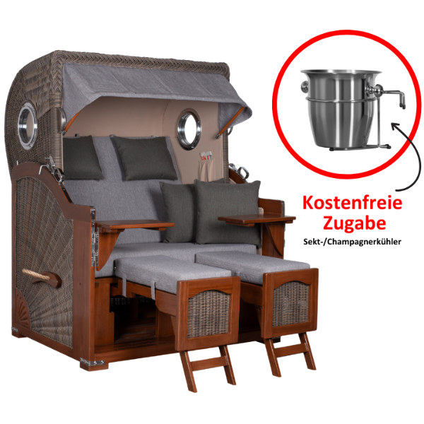 Strandkorb Düne Bullauge Mahagoni PE Grey Dessin 570 inkl. Sekt-/Champagnerkühler