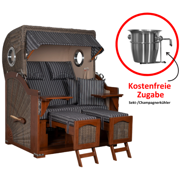 Strandkorb Düne Bullauge Mahagoni PE Grey Dessin 500 inkl. Sekt-/ Champagnerkühler