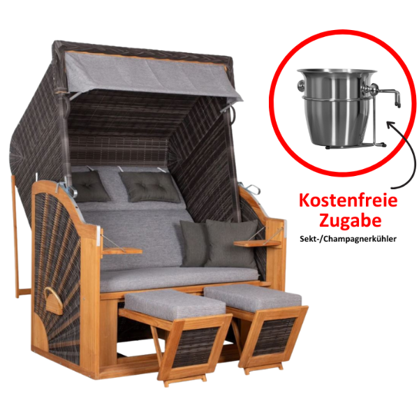 Strandkorb deVries PURE® Classic XL SUN Teak PE stone grey Dessin 466 inkl. Sekt-/Champagnerkühler