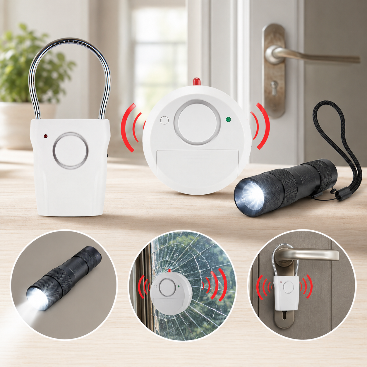 Sicherheitspaket: Taschenlampe mit Alarm, Glasbruchalarm (2er Set) & Türgriffalarm