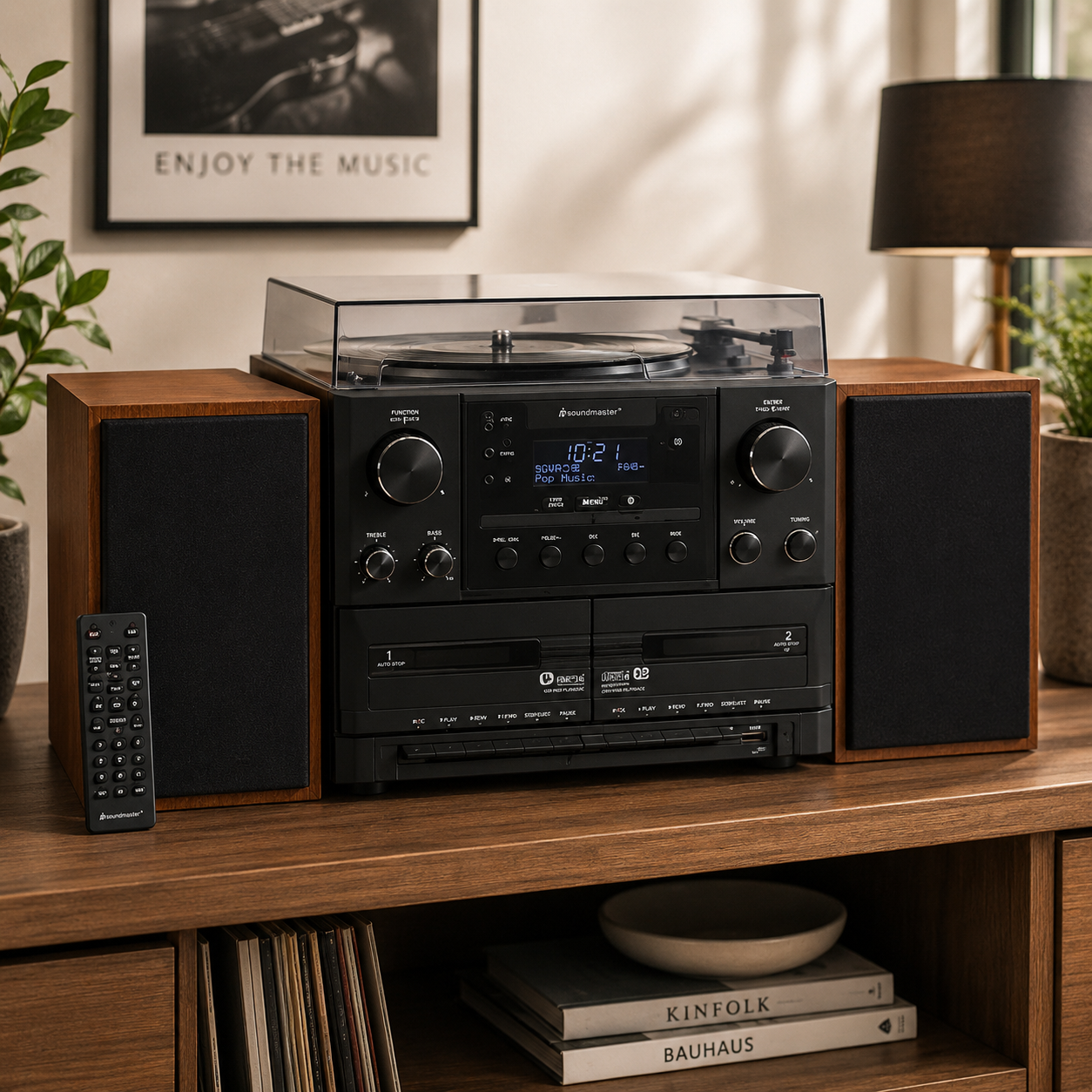 Stereo-Musikcenter mit DAB+UKW Radio, CDMP3, Plattenspieler, Doppelkassette, USB, Bluetooth®, Encoding