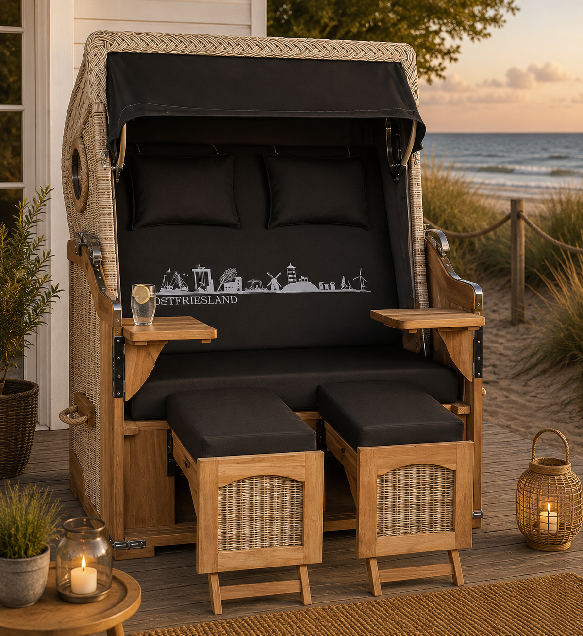 Strandkorb Düne Teak Skyline Ostfriesland inkl. Sekt-/Champagnerkühler