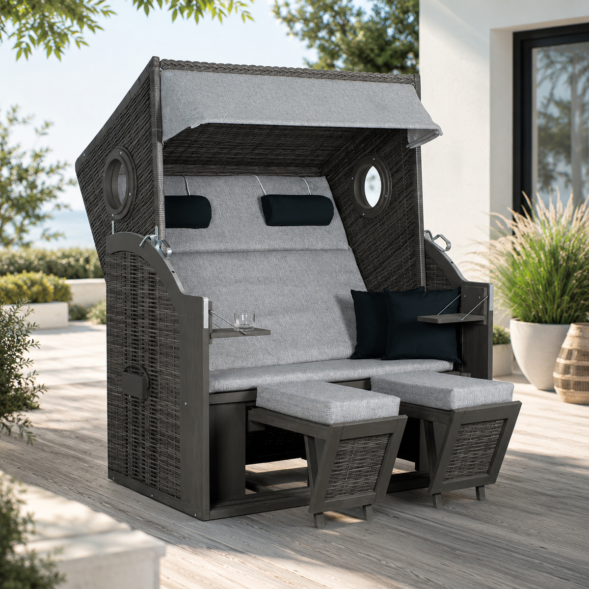 Strandkorb PURE® Wave XL PE grey Des. 390 inkl. Sekt-/Champagnerkühler