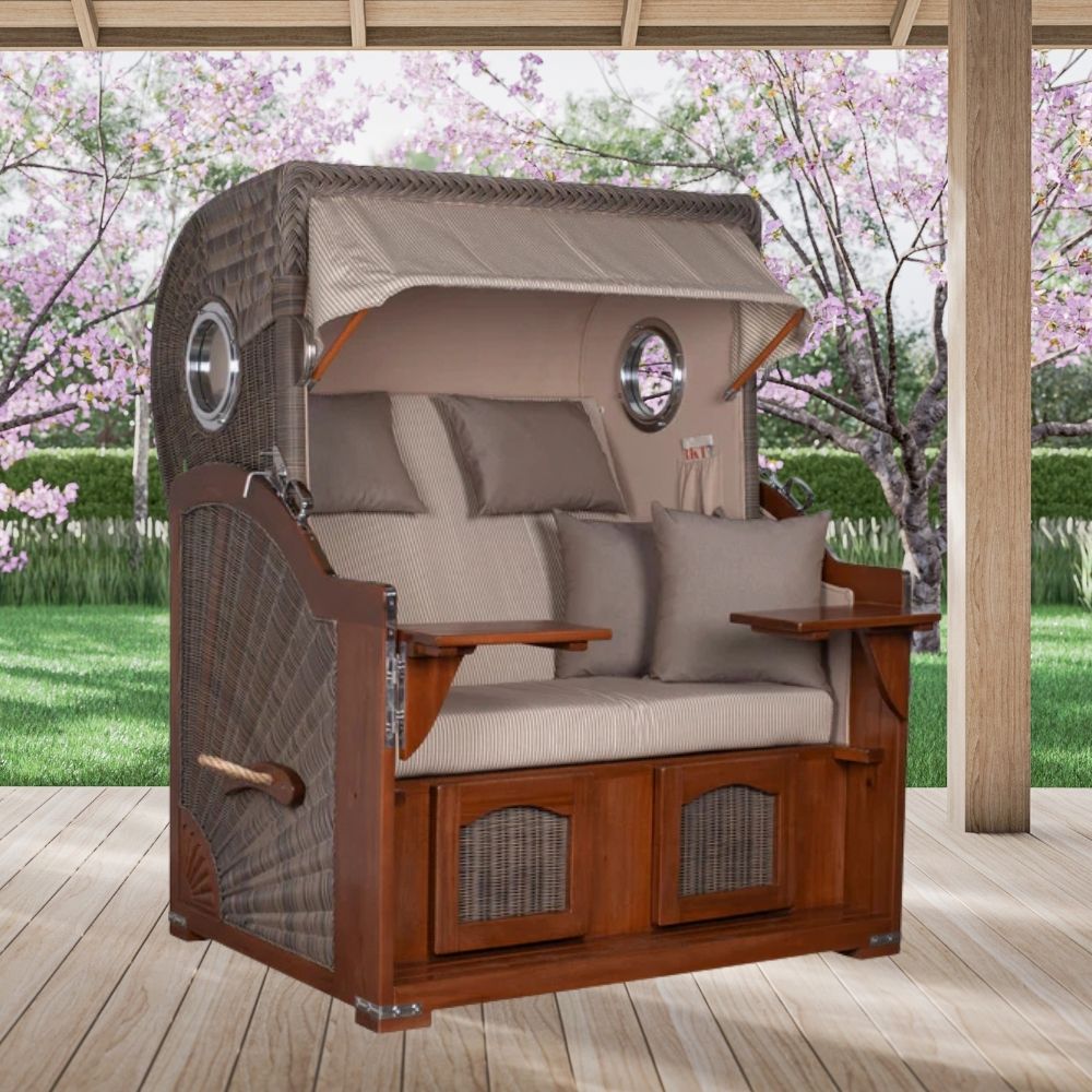 Strandkorb Düne Bullauge Mahagoni PE Grey Dessin 510 inkl. Sekt-/Champagnerkühler