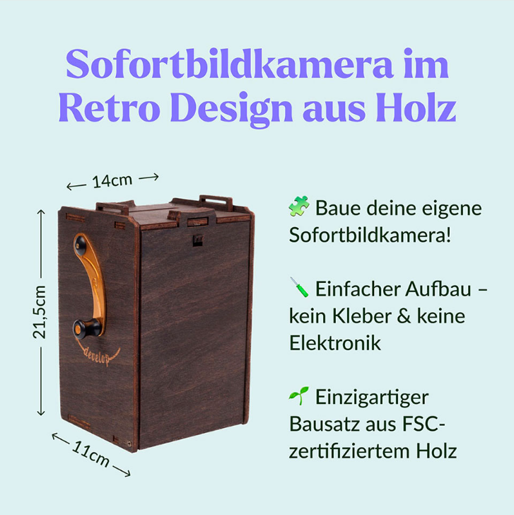 Vorteilsaktion: 3D-Holzpuzzle, Sofortbildkamera Bausatz inkl. Fujifilm Instax + gratis Stativ